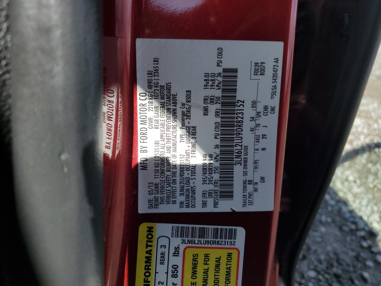 2013 Lincoln MKZ VIN 3LN6L2LU9DR823152 Copart auction photo, rear end damage thumbnail 15