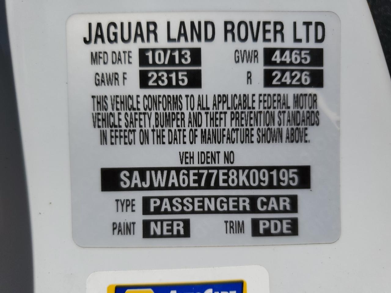 2014 Jaguar F-Type VIN SAJWA6E77E8K09195 Copart auction photo, water/flood damage thumbnail 13