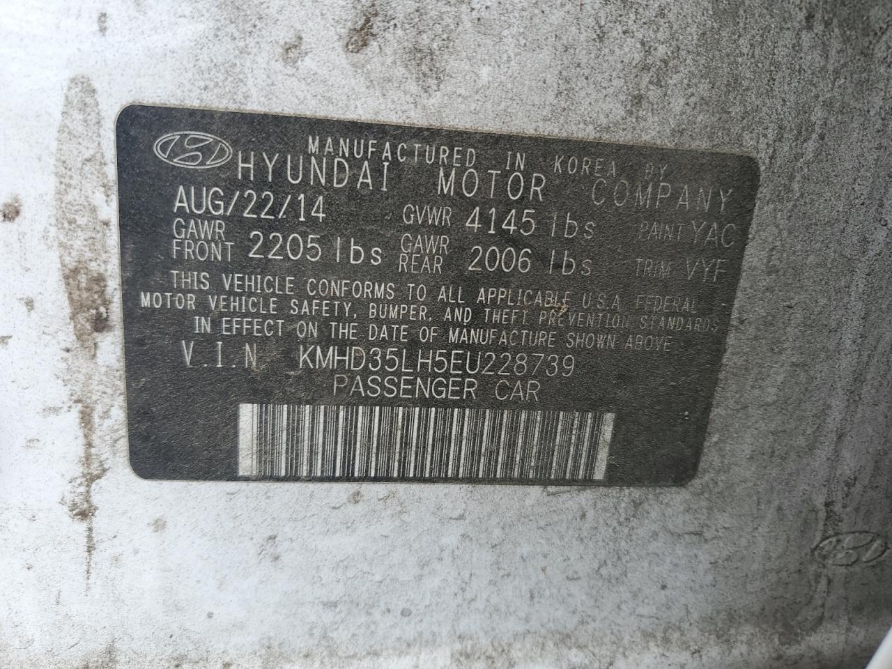 2014 Hyundai Elantra VIN KMHD35LH5EU228739 Copart auction photo, front end / side damage thumbnail 14