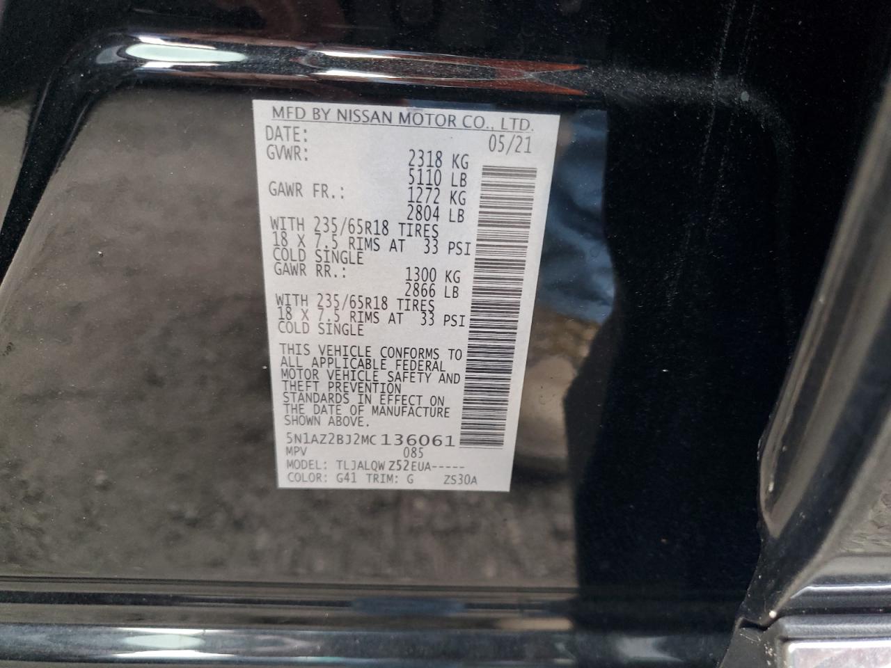 2021 Nissan Murano VIN 5N1AZ2BJ2MC136061 Copart auction photo, front end damage thumbnail 13