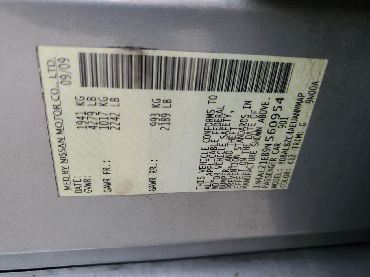 2009 Nissan Altima VIN 1N4AL21E89N560954 Copart auction photo, all over damage thumbnail 12