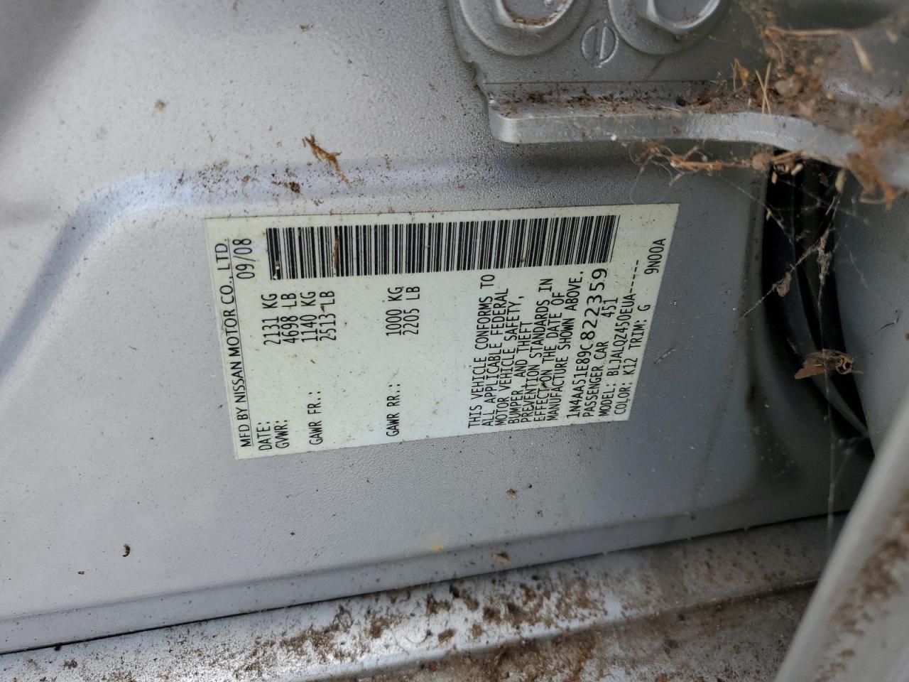 2009 Nissan Maxima VIN 1N4AA51E89C822359 Copart auction photo, minor dent/scratches damage thumbnail 12