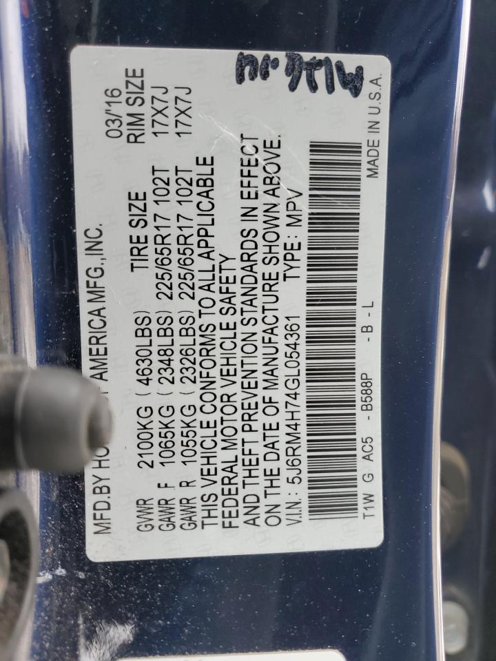 2016 Honda CR-V VIN 5J6RM4H74GL054361 Copart auction photo, rear end damage thumbnail 15