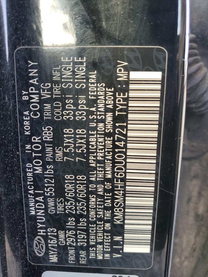 2013 Hyundai Santa Fe VIN KM8SM4HF6DU014721 Copart auction photo, all over damage thumbnail 14