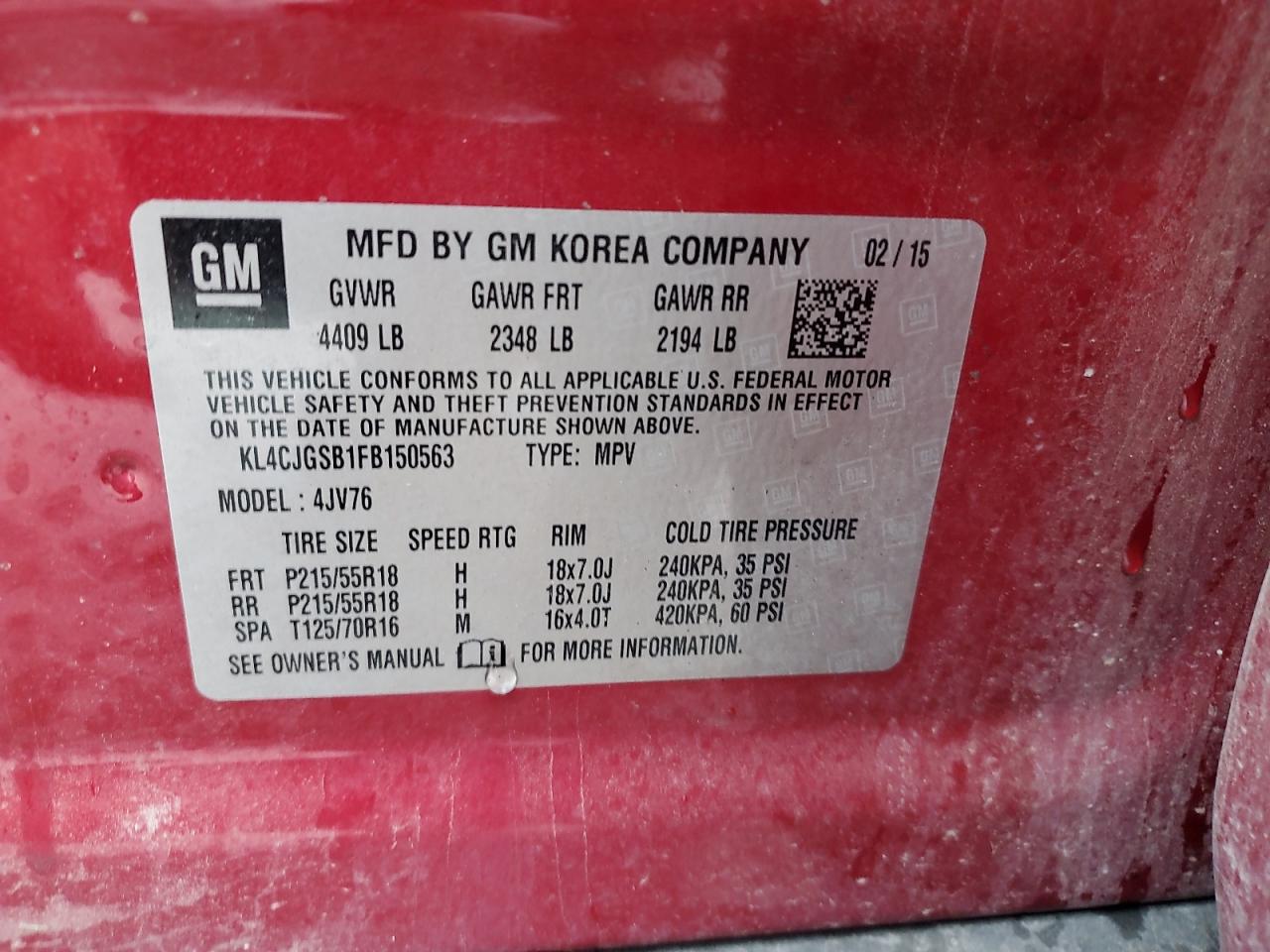 2015 Buick Encore VIN KL4CJGSB1FB150563 Copart auction photo, rear end damage thumbnail 13
