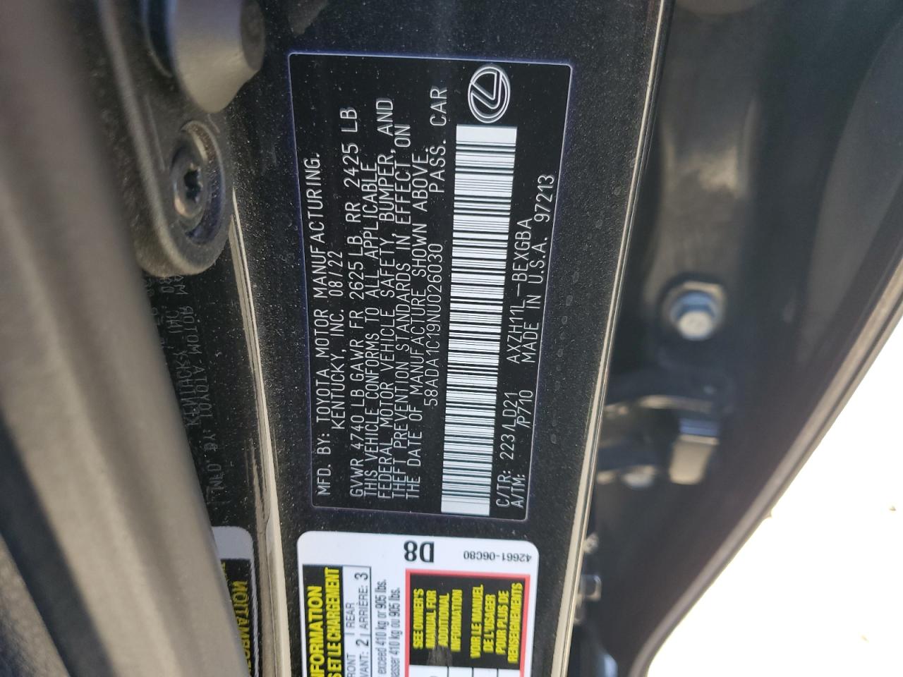 2022 Lexus ES VIN 58ADA1C19NU026030 Copart auction photo, side / front end damage thumbnail 12