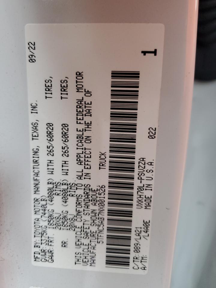 2022 Toyota Tundra VIN 5TFNC5AB7NX001526 Copart auction photo, front end / minor dent/scratches damage thumbnail 13