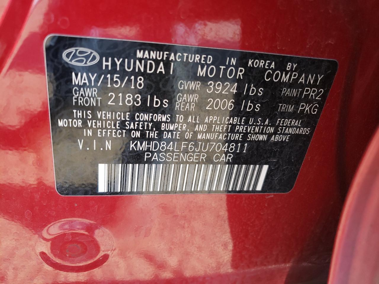 2018 Hyundai Elantra VIN KMHD84LF6JU704811 Copart auction photo, rear end damage thumbnail 12