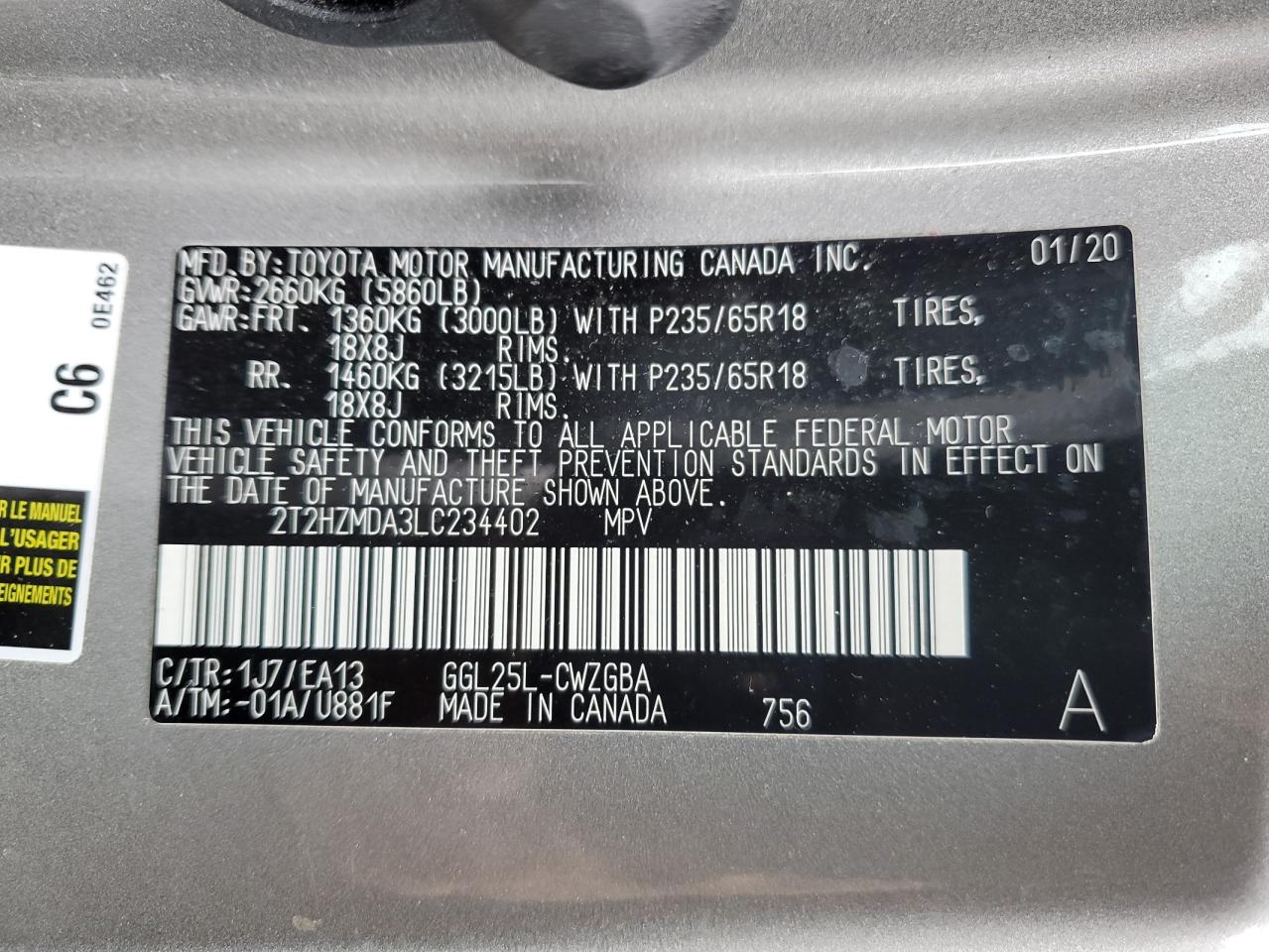 2020 Lexus RX VIN 2T2HZMDA3LC234402 Copart auction photo, rear end damage thumbnail 13