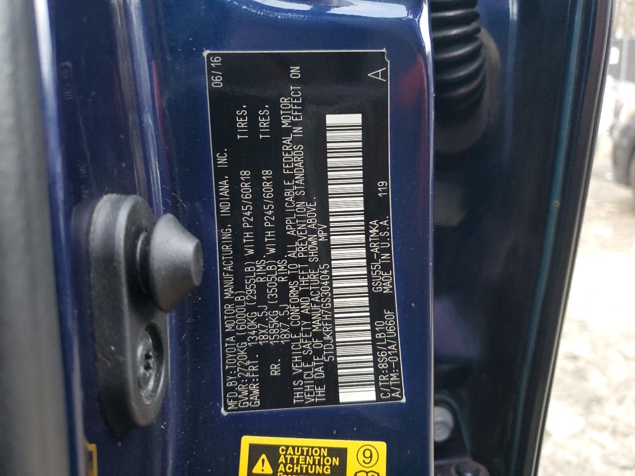 2016 Toyota Highlander VIN 5TDJKRFH7GS304045 Copart auction photo, front end damage thumbnail 13