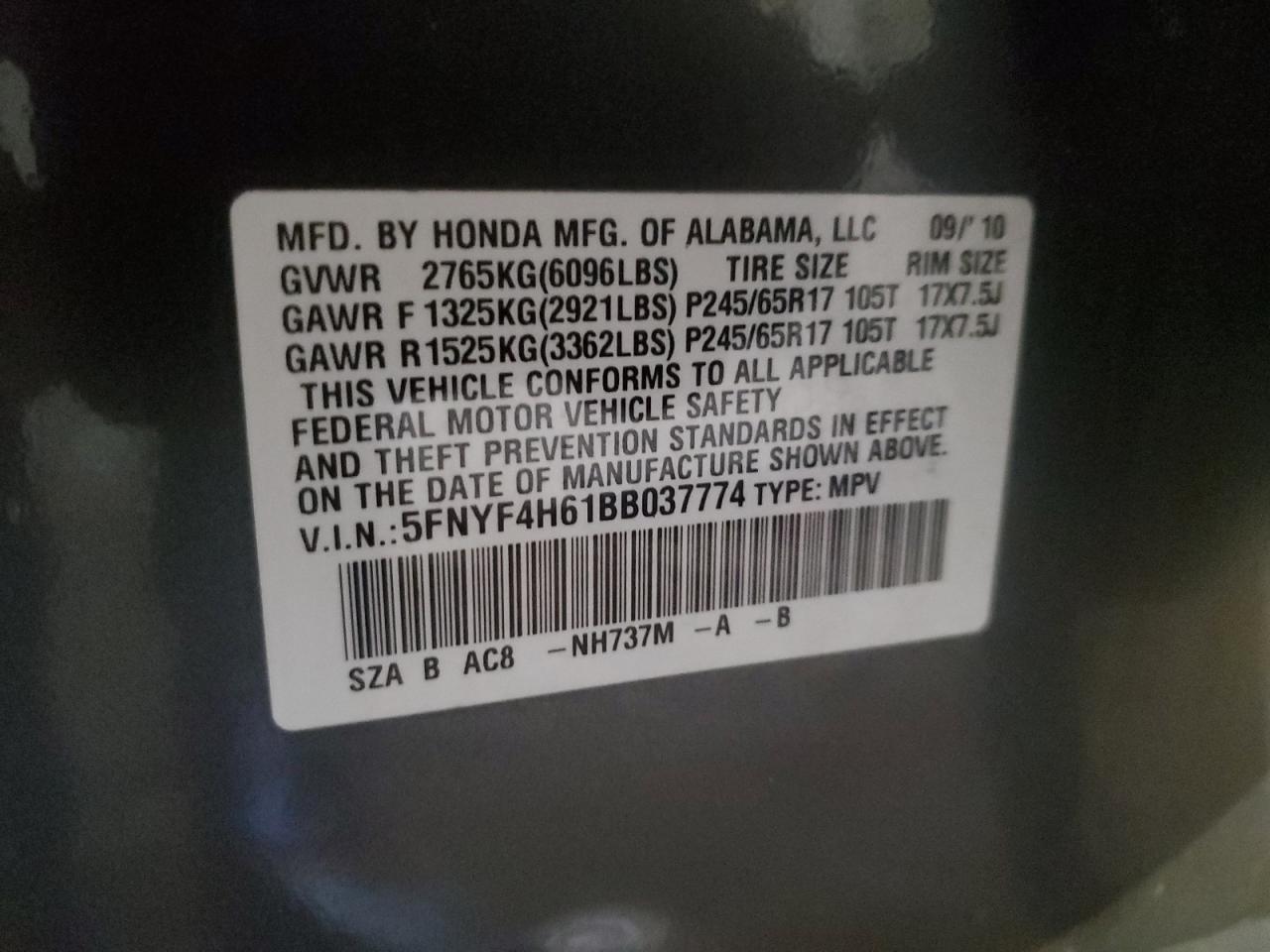 2011 Honda Pilot VIN 5FNYF4H61BB037774 Copart auction photo, front end / undercarriage damage thumbnail 13