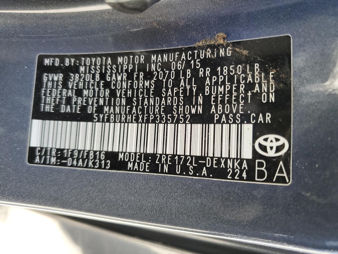 2015 Toyota Corolla VIN 5YFBURHEXFP335752 Copart auction photo, water/flood / side damage thumbnail 12