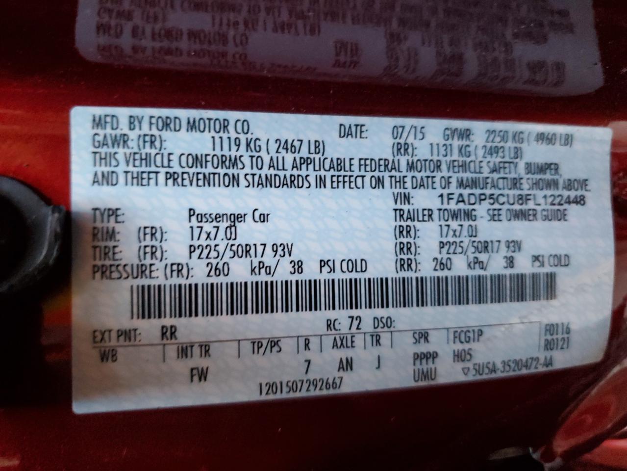 2015 Ford C-MAX VIN 1FADP5CU8FL122448 Copart auction photo, side / front end damage thumbnail 15