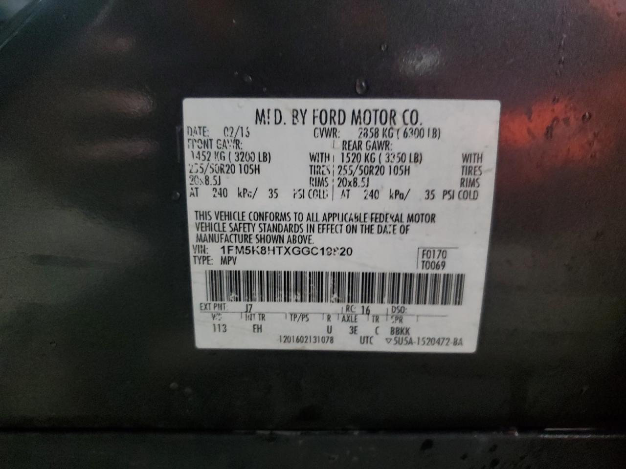 2016 Ford Explorer VIN 1FM5K8HTXGGC19820 Copart auction photo, front end / side damage thumbnail 14