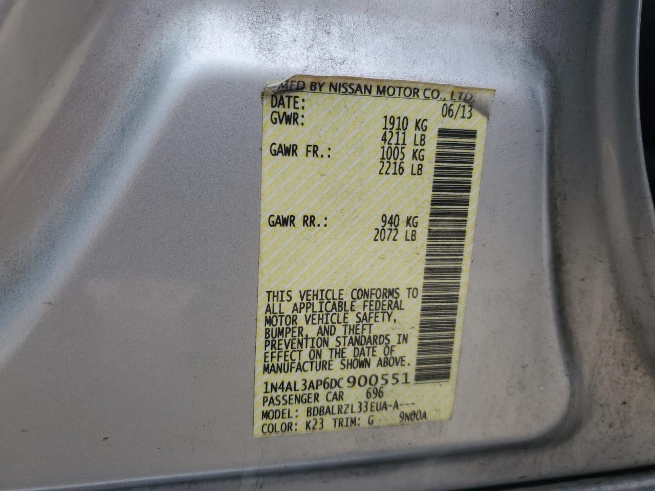 2013 Nissan Altima VIN 1N4AL3AP6DC900551 Copart auction photo, rear end damage thumbnail 13