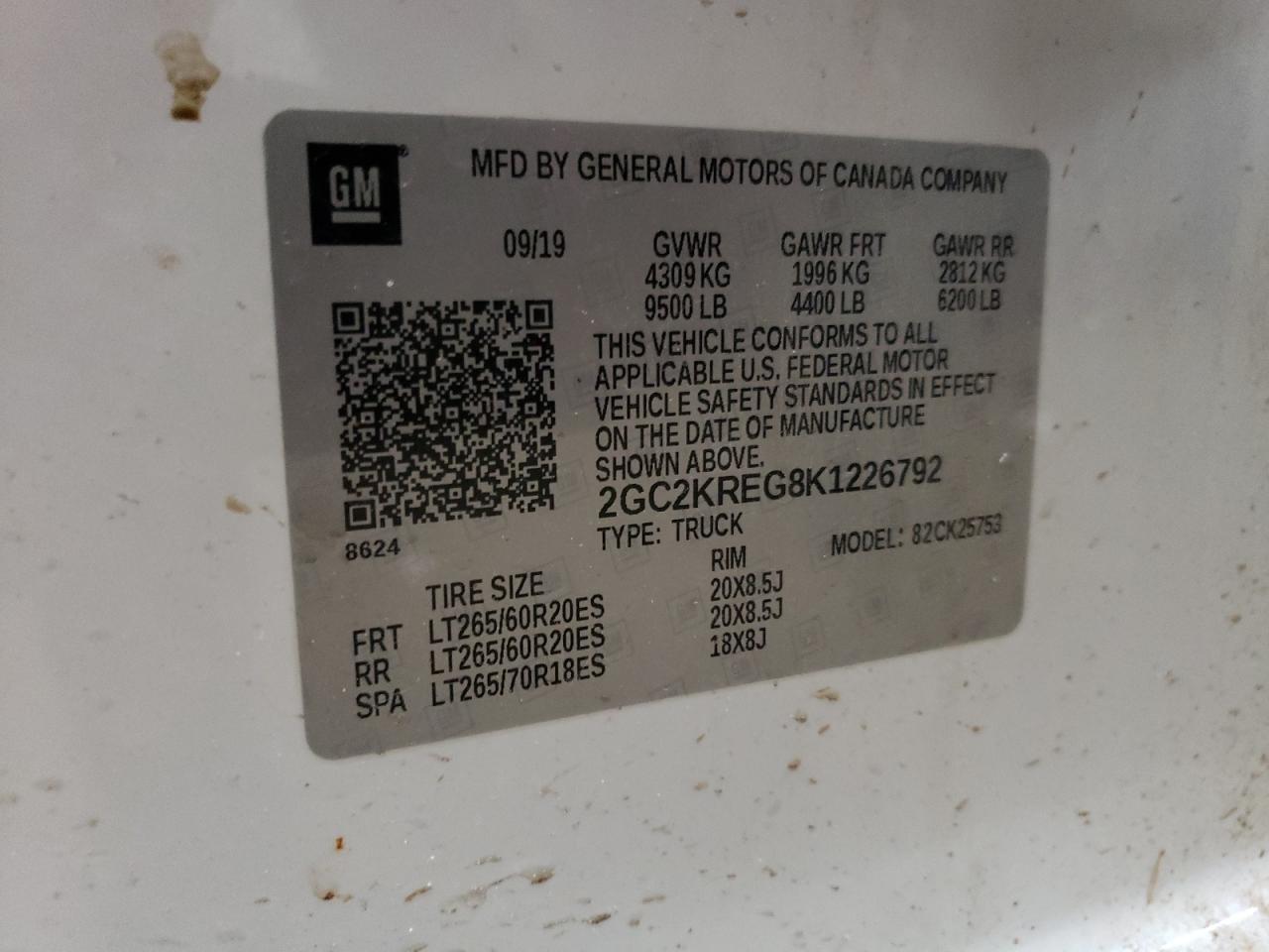 2019 Chevrolet Silverado VIN 2GC2KREG8K1226792 Copart auction photo, side damage thumbnail 14