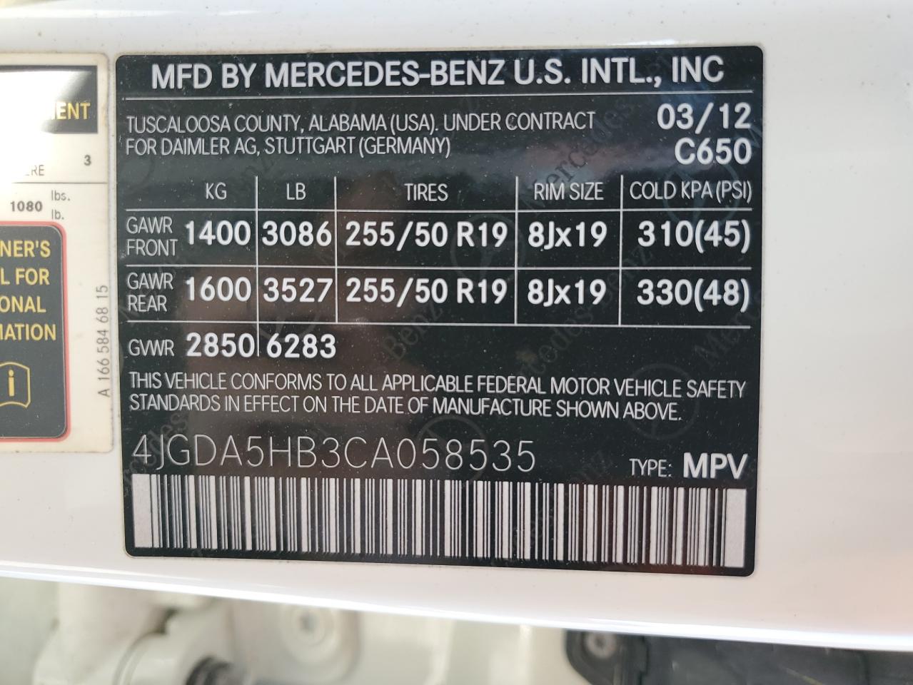 2012 Mercedes-Benz M-klasse VIN 4JGDA5HB3CA058535 Copart auction photo, front end / side damage thumbnail 12