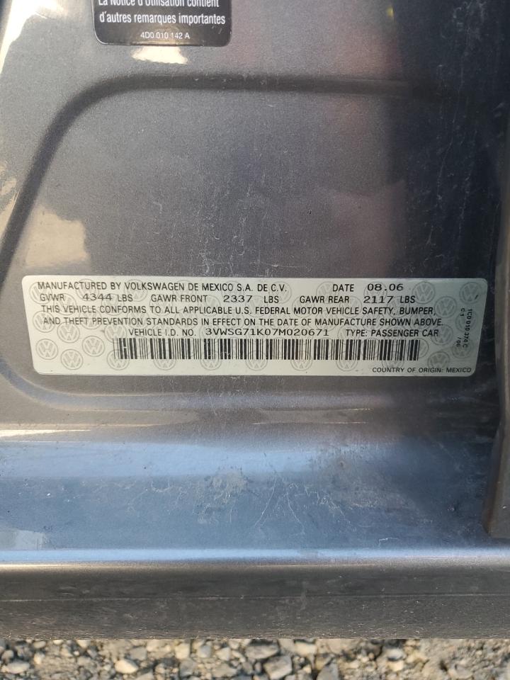2007 Volkswagen Jetta VIN 3VWSG71K07M020671 Copart auction photo, front end damage thumbnail 12