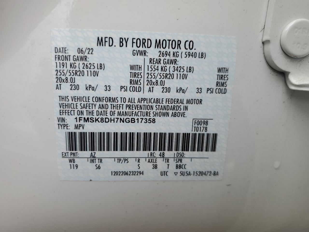 2022 Ford Explorer VIN 1FMSK8DH7NGB17358 Copart auction photo, front end / side damage thumbnail 13