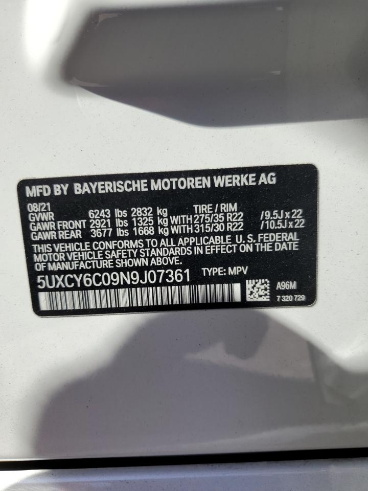2022 BMW X6 VIN 5UXCY6C09N9J07361 Copart auction photo, front end damage thumbnail 13