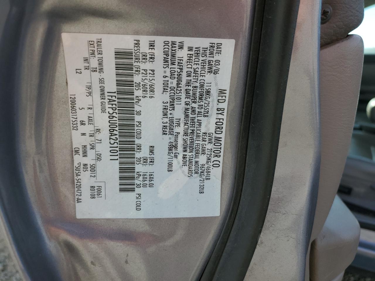 2006 Ford Taurus VIN 1FAFP56U06A251011 Copart auction photo, front end / minor dent/scratches damage thumbnail 15