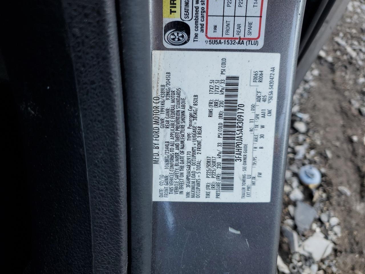2010 Ford Fusion VIN 3FAHP0JA5AR309170 Copart auction photo, front end damage thumbnail 13