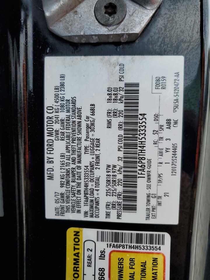 2017 Ford Mustang VIN 1FA6P8TH4H5333554 Copart auction photo, water/flood damage thumbnail 12