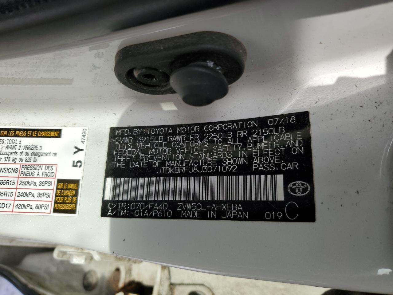 2018 Toyota Prius VIN JTDKBRFU8J3071092 Copart auction photo, all over damage thumbnail 13