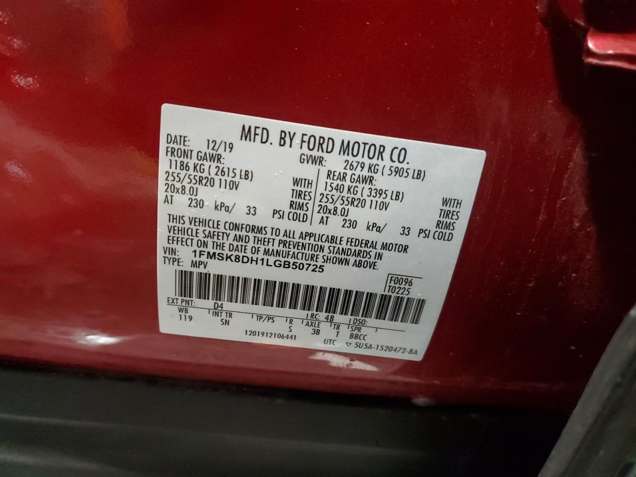 2020 Ford Explorer VIN 1FMSK8DH1LGB50725 Copart auction photo, front end / side damage thumbnail 13