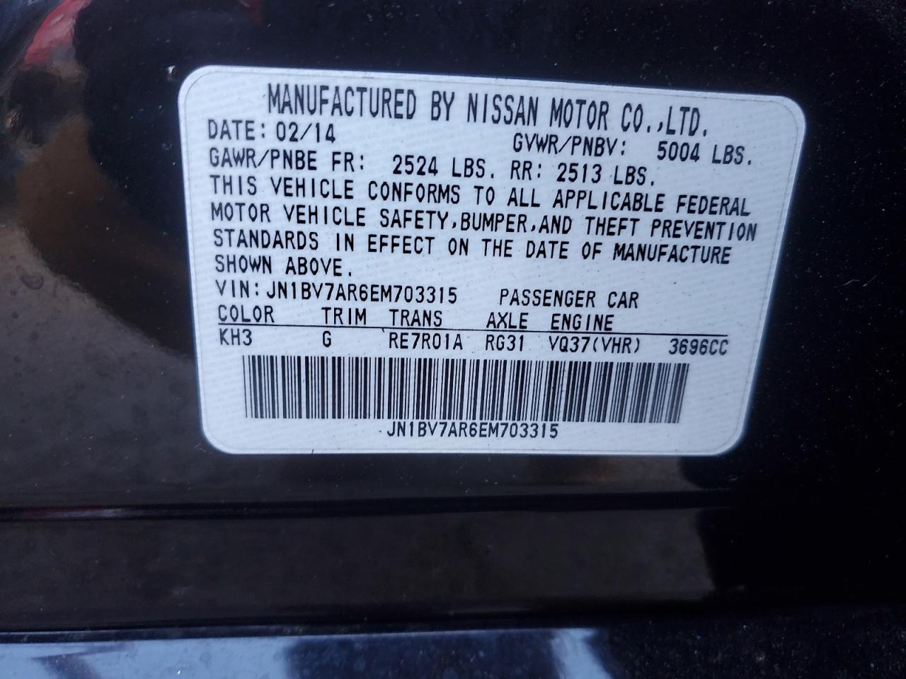 2014 Infiniti Q50 VIN JN1BV7AR6EM703315 Copart auction photo, front end damage thumbnail 12