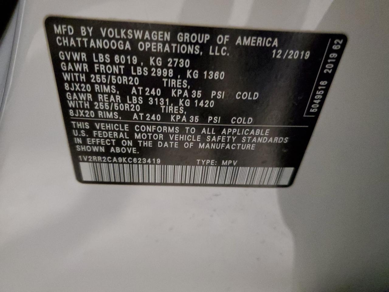 2019 Volkswagen Atlas VIN 1V2RR2CA9KC623419 Copart auction photo, front end / mechanical damage thumbnail 13