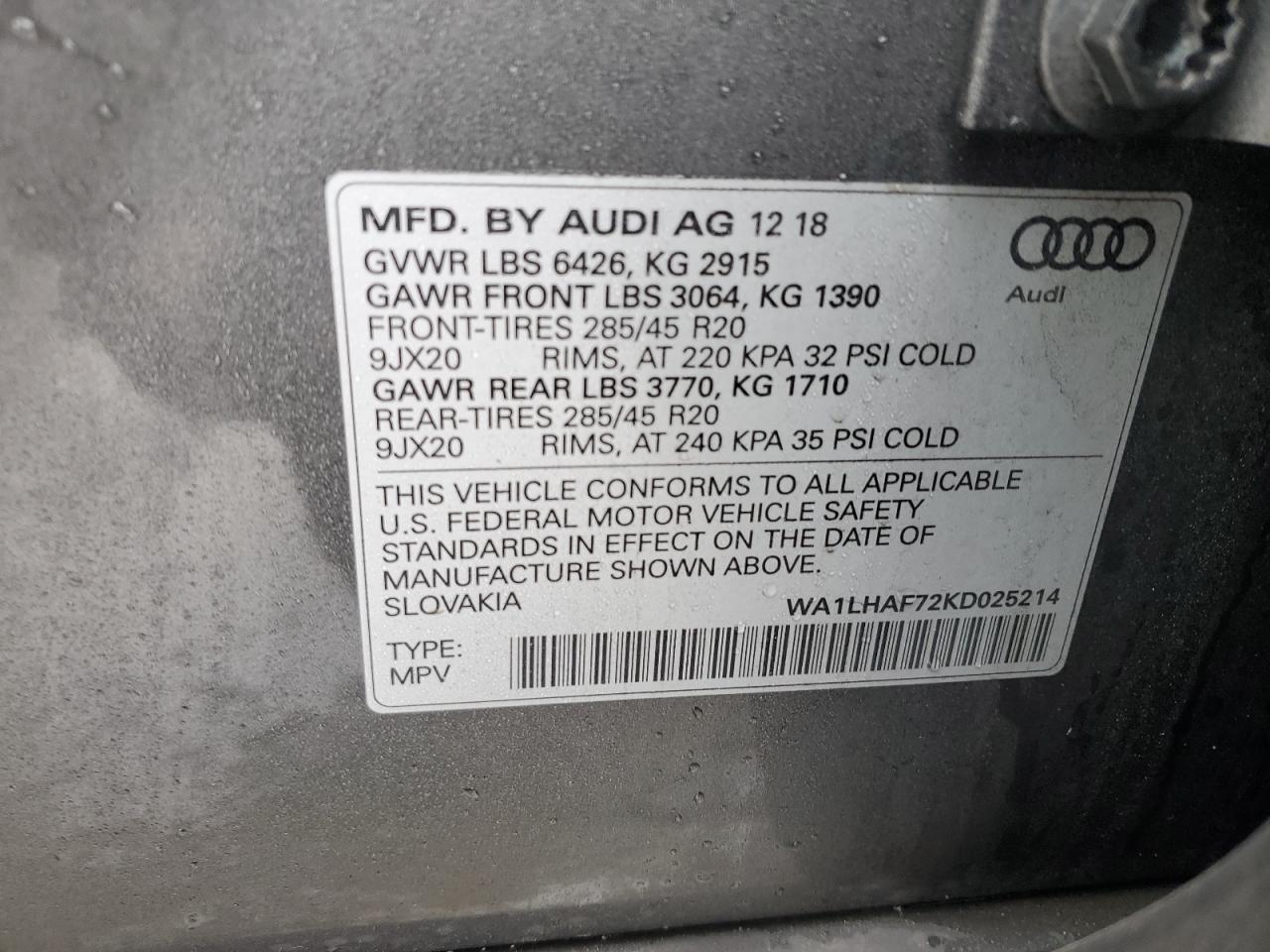 2019 Audi Q7 VIN WA1LHAF72KD025214 Copart auction photo, rear end damage thumbnail 14