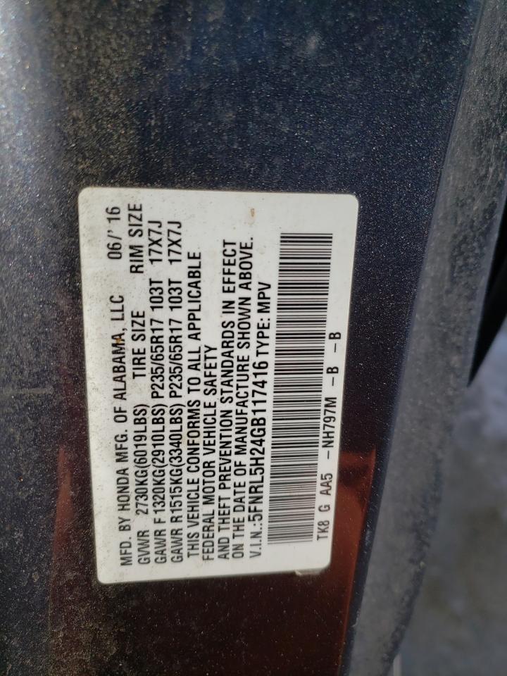 2016 Honda Odyssey VIN 5FNRL5H24GB117416 Copart auction photo, front end / side damage thumbnail 13