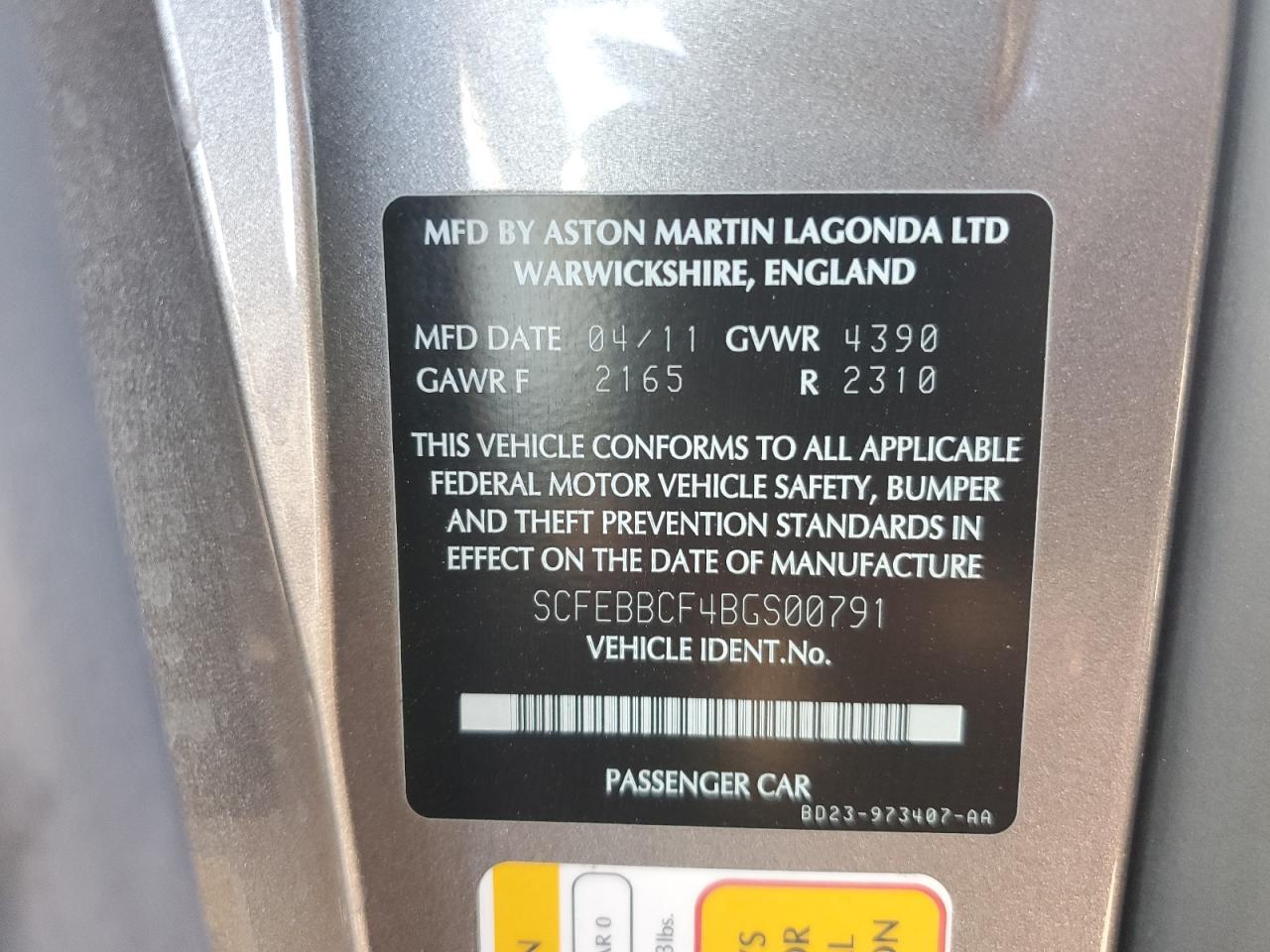 2011 Aston Martin Vantage VIN SCFEBBCF4BGS00791 Copart auction photo, minor dent/scratches damage thumbnail 12