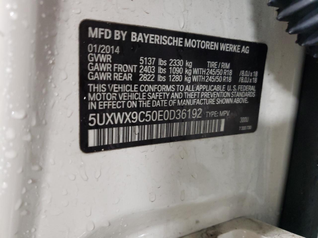 2014 BMW X3 VIN 5UXWX9C50E0D36192 Copart auction photo, front end damage thumbnail 12