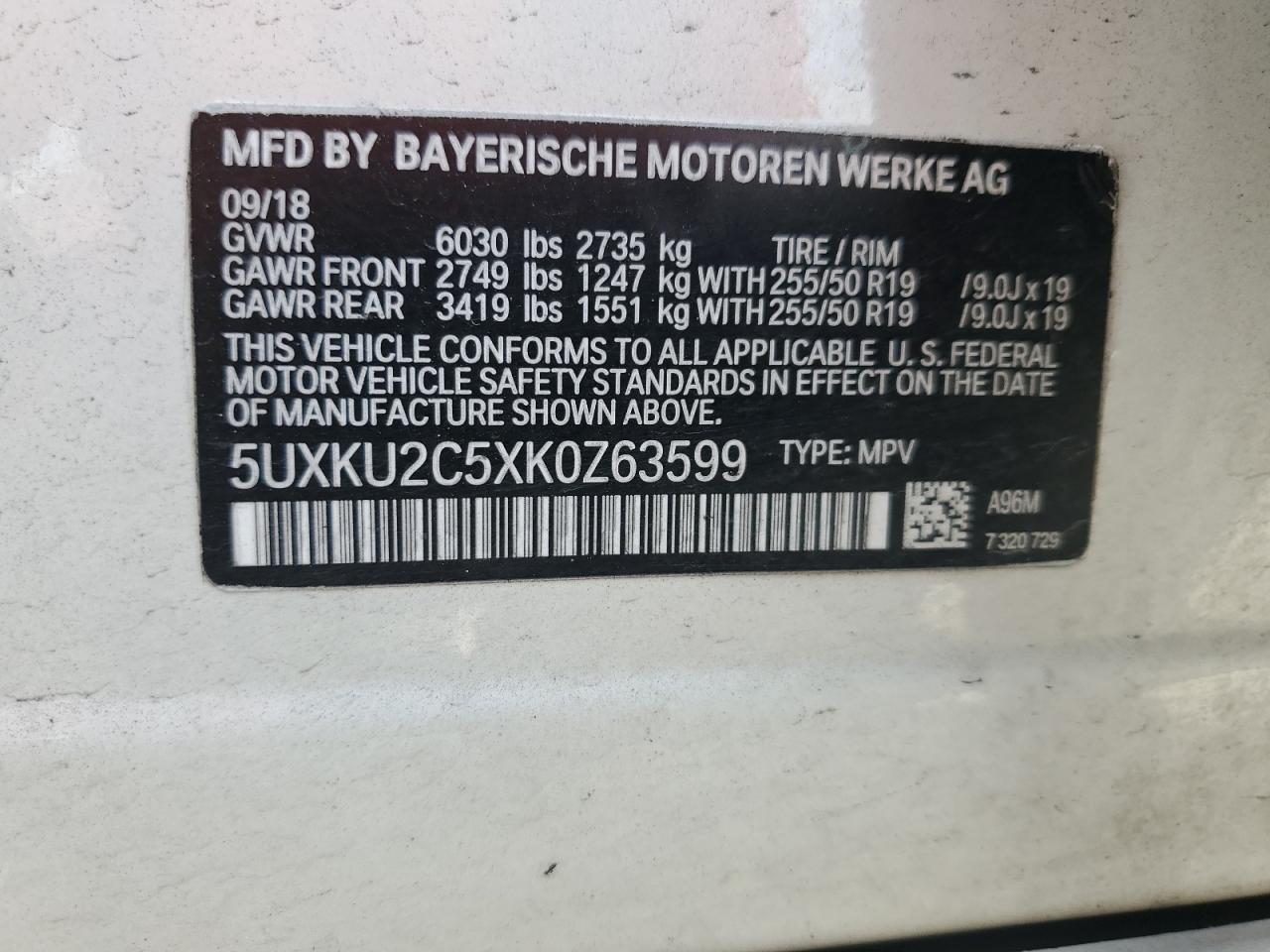 2019 BMW X6 VIN 5UXKU2C5XK0Z63599 Copart auction photo, side / front end damage thumbnail 14