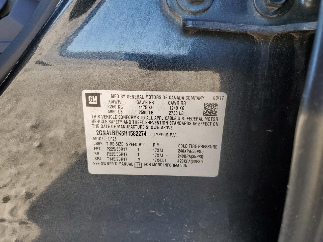 2017 Chevrolet Equinox VIN 2GNALBEK6H1582274 Copart auction photo, all over damage thumbnail 13