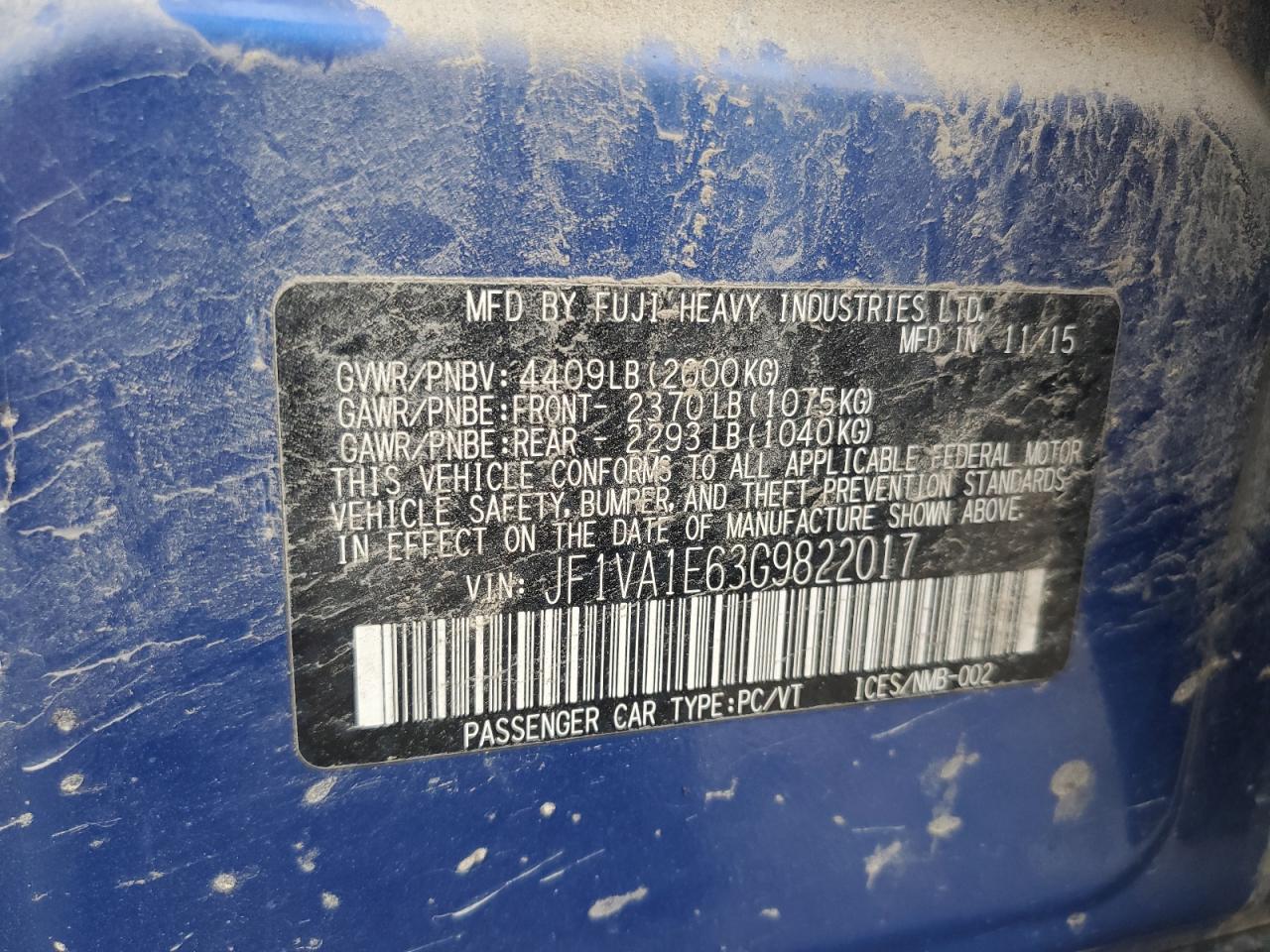 2016 Subaru WRX VIN JF1VA1E63G9822017 Copart auction photo, front end / minor dent/scratches damage thumbnail 14