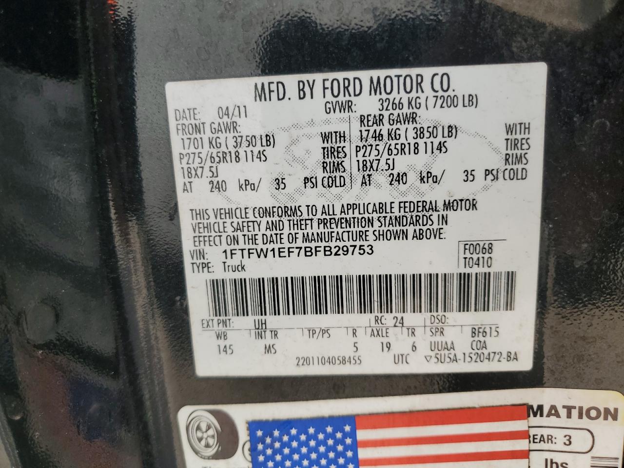 2011 Ford F-150 VIN 1FTFW1EF7BFB29753 Copart auction photo, rear end damage thumbnail 12