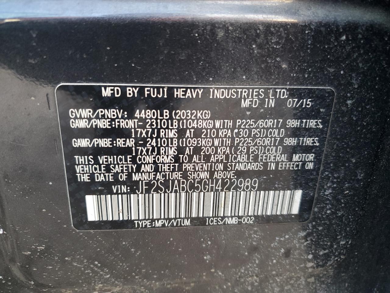 2016 Subaru Forester VIN JF2SJABC5GH422989 Copart auction photo, side / rear end damage thumbnail 13