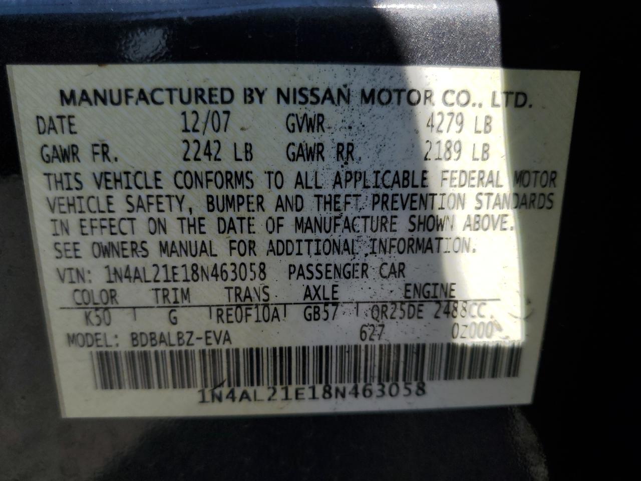 2008 Nissan Altima VIN 1N4AL21E18N463058 Copart auction photo, all over damage thumbnail 12