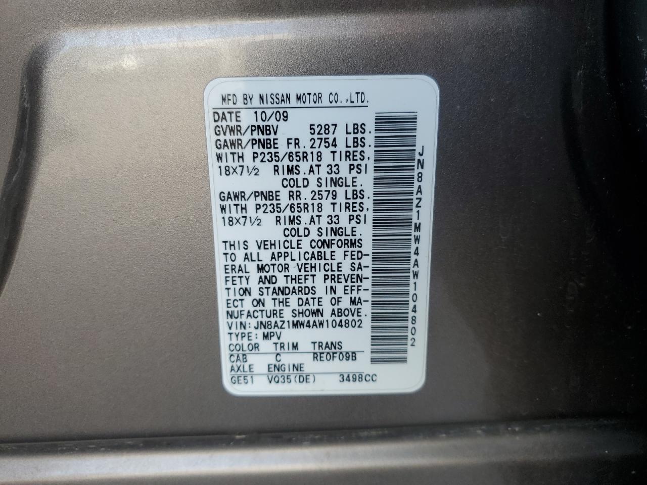 2010 Nissan Murano VIN JN8AZ1MW4AW104802 Copart auction photo, all over / undercarriage damage thumbnail 15