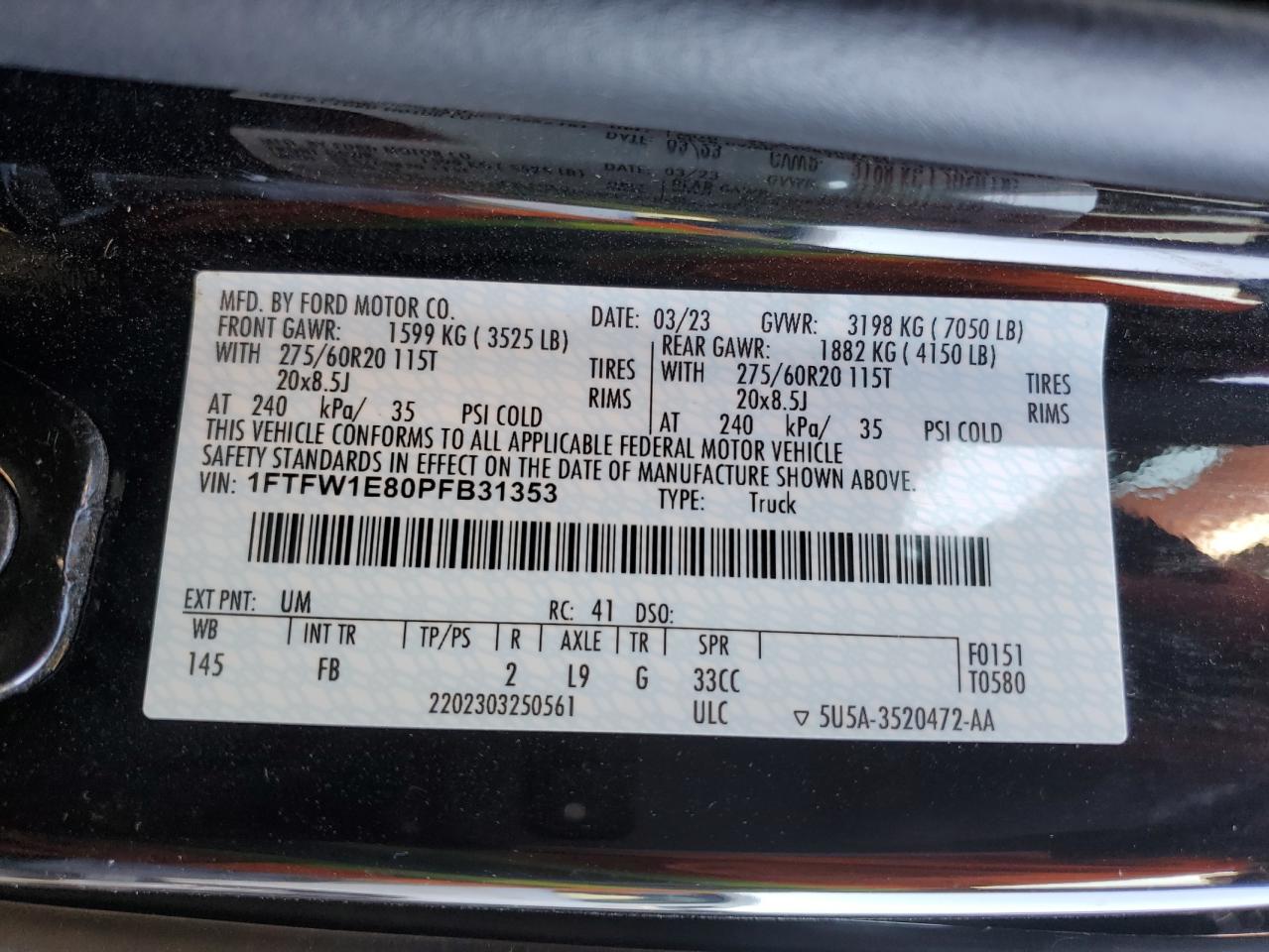 2023 Ford F-150 VIN 1FTFW1E80PFB31353 Copart auction photo, front end / side damage thumbnail 12
