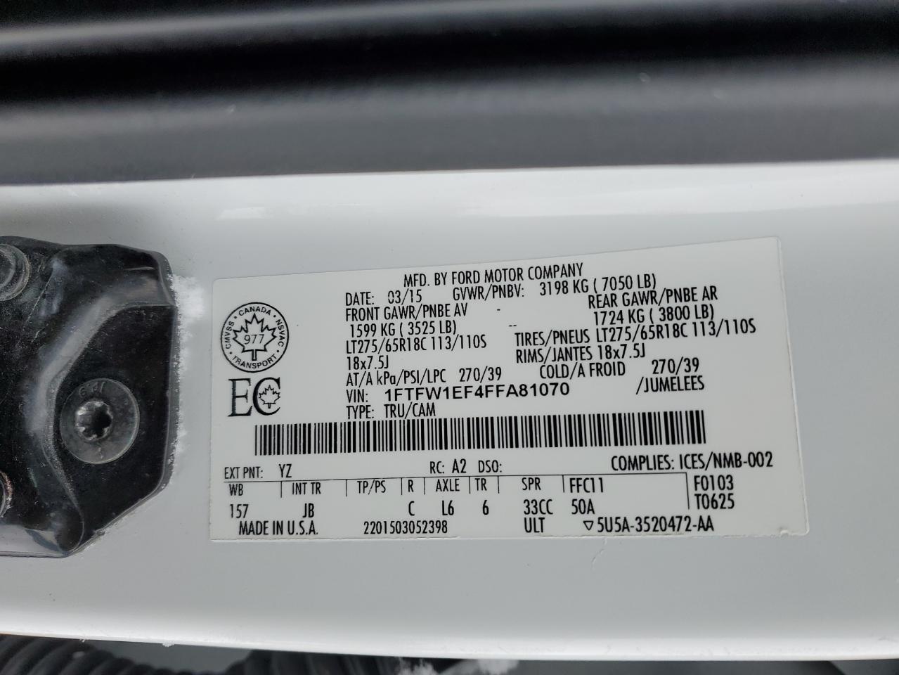 2015 Ford F-150 VIN 1FTFW1EF4FFA81070 Copart auction photo, rear end / side damage thumbnail 12