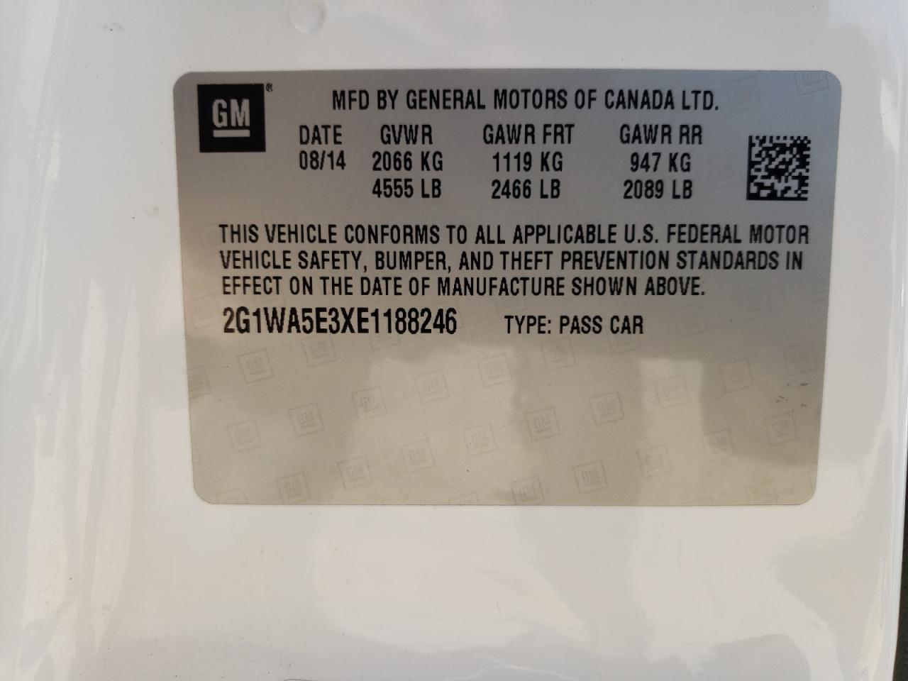 2014 Chevrolet Impala VIN 2G1WA5E3XE1188246 Copart auction photo, front end / minor dent/scratches damage thumbnail 12