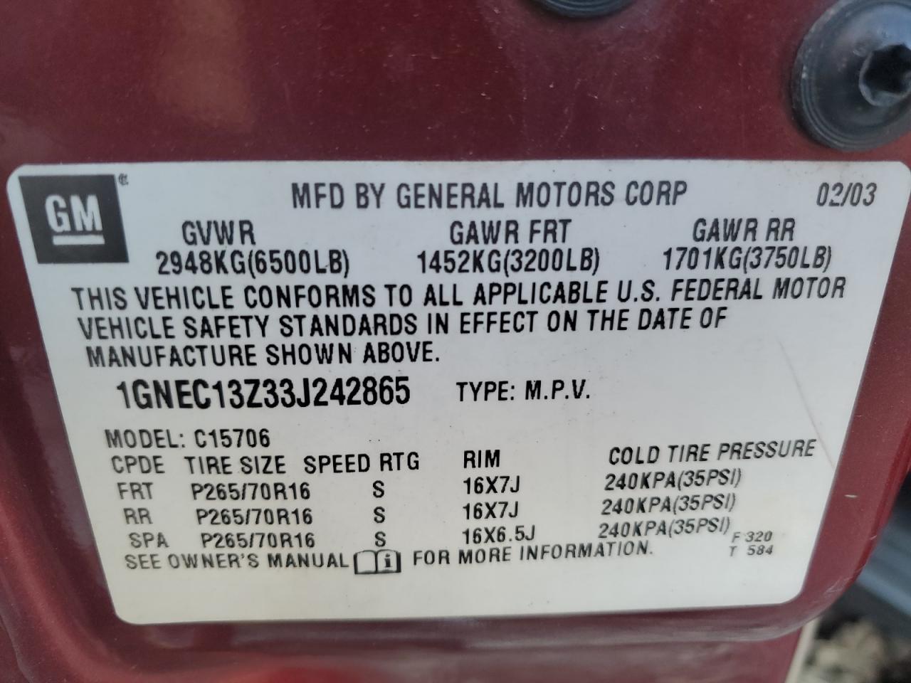 2003 Chevrolet Tahoe VIN 1GNEC13Z33J242865 Copart auction photo, side / rear end damage thumbnail 13