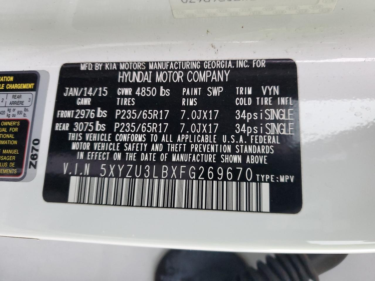 2015 Hyundai Santa Fe VIN 5XYZU3LBXFG269670 Copart auction photo, front end damage thumbnail 13
