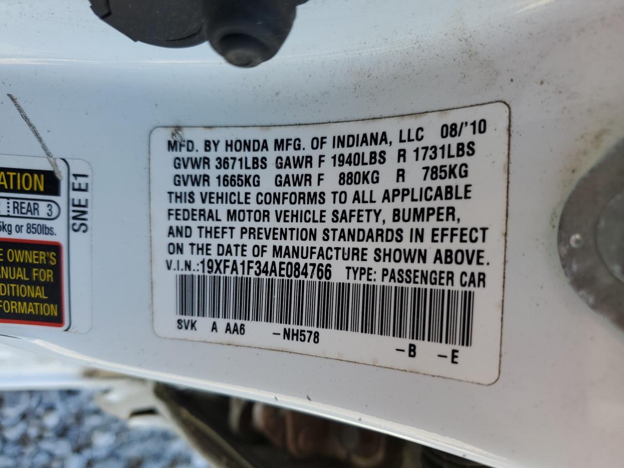 2010 Honda Civic VIN 19XFA1F34AE084766 Copart auction photo, all over damage thumbnail 14