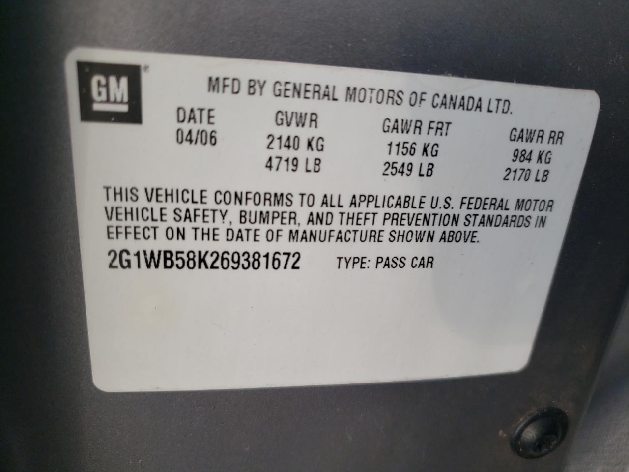 2006 Chevrolet Impala VIN 2G1WB58K269381672 Copart auction photo, all over damage thumbnail 12