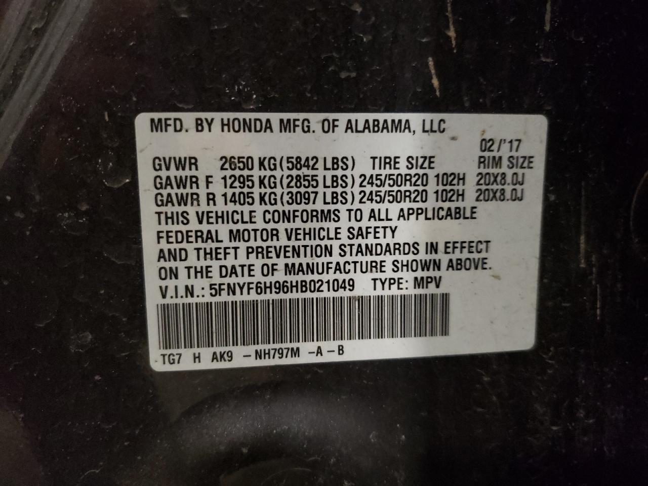 2017 Honda Pilot VIN 5FNYF6H96HB021049 Copart auction photo, front end damage thumbnail 13